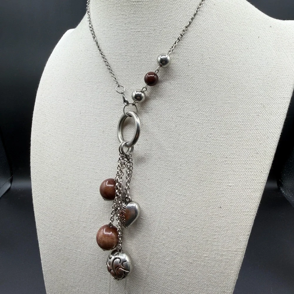 Silver Tone Brown Bead Tassel Necklace Heart Charm Circle Pendant Boho Jewelry